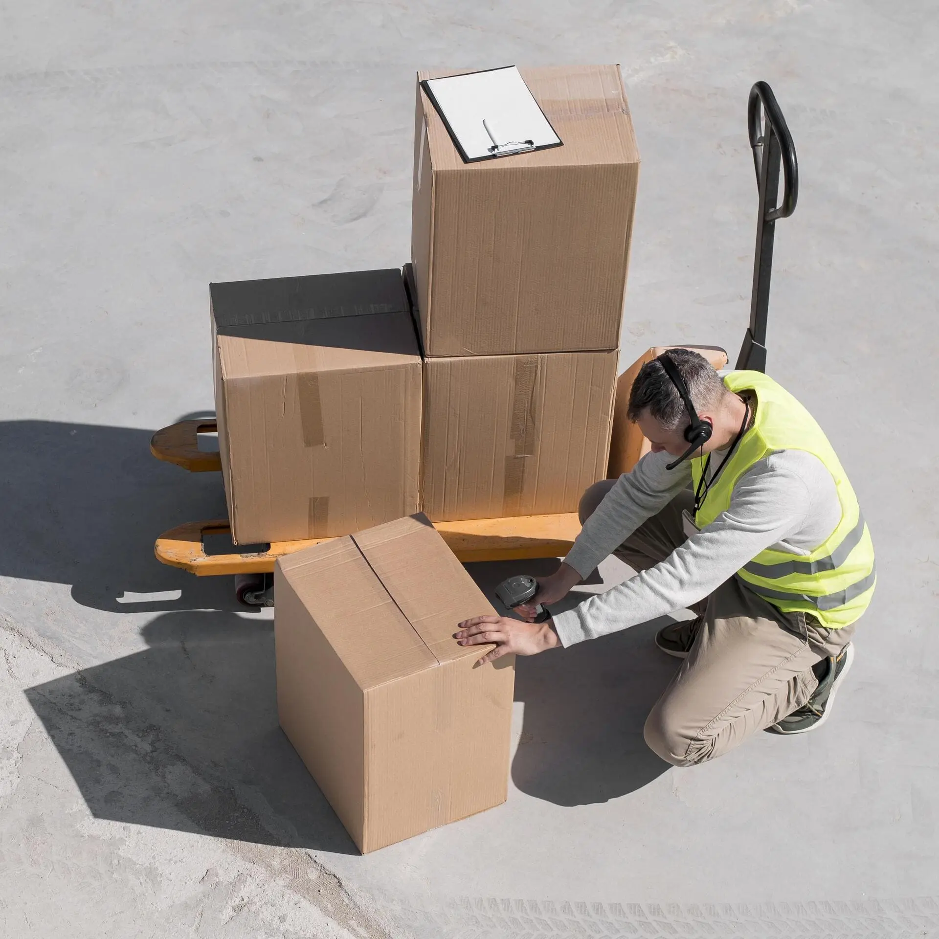 Homme transportant des cartons sur un transpalette
