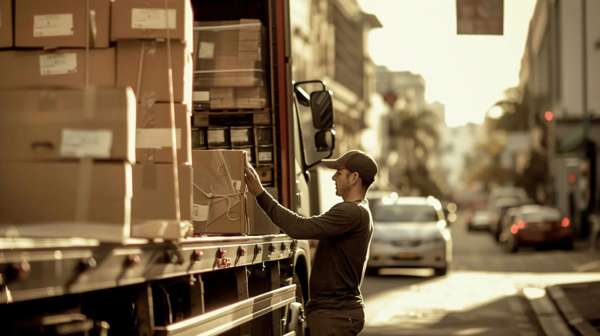 Livreur devant un camion ouvert avec des cartons à livrer