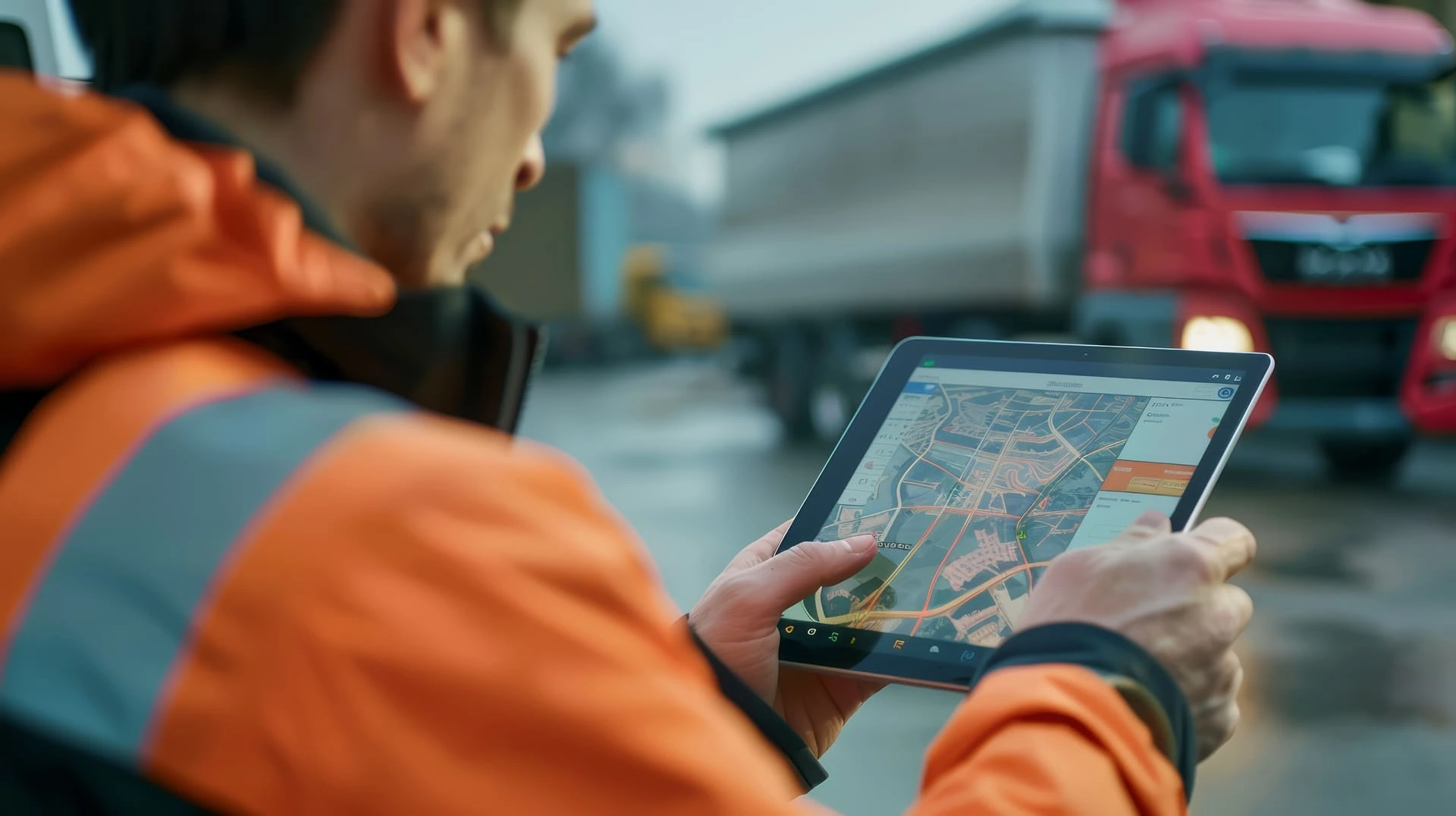 Homme utilisant une tablette pour suivre le trajet des marchandises, avec un camion en arrière plan
