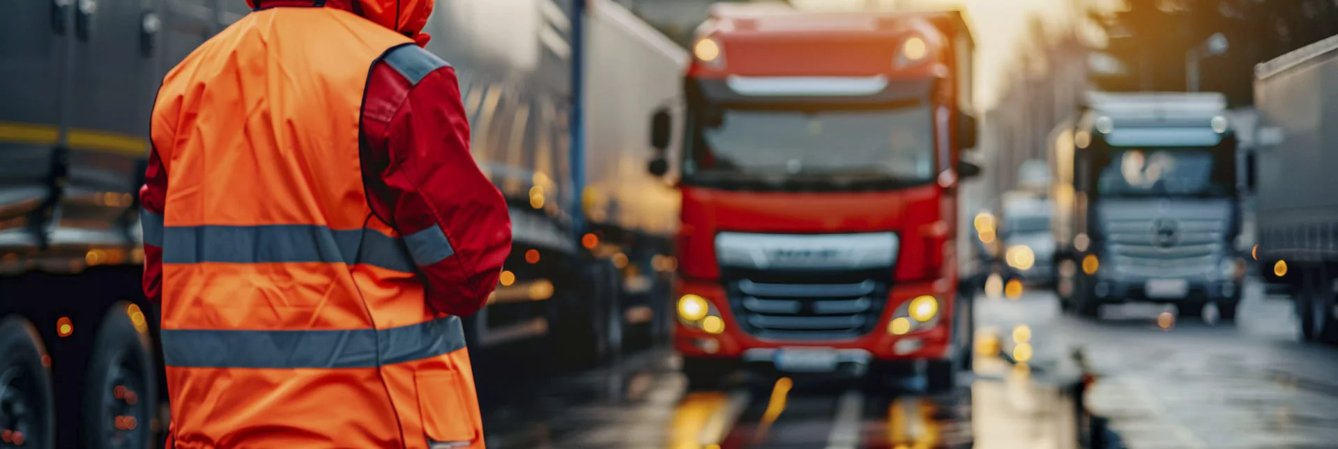 Personne en gilet orange devant un camion rouge et deux camions blancs